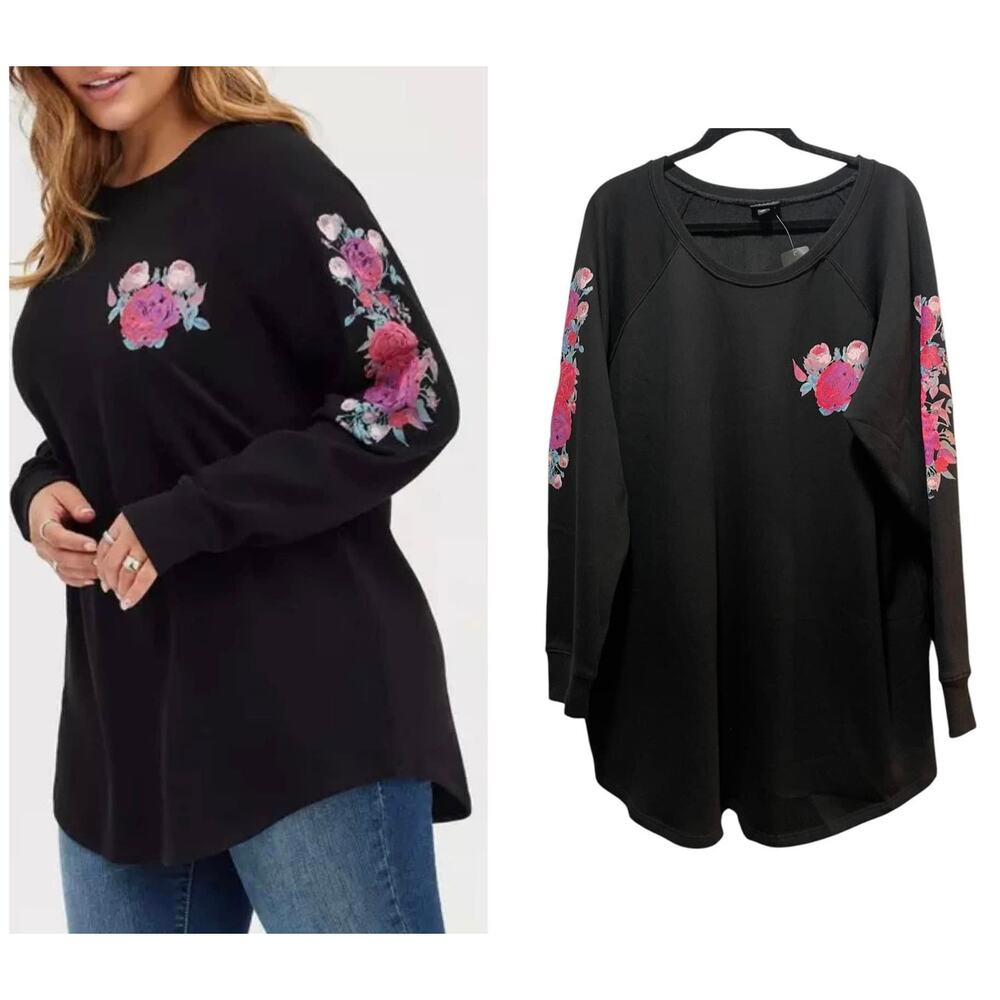Torrid Cozy Fleece Roses Floral Black Pink Tunic Long Crew Neck Sweatshirt 4X